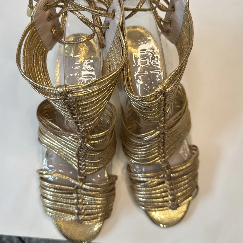 CECILIA NEW YORK Gold Metallic Strappy Block Heel Sandals - Picture 8 of 8